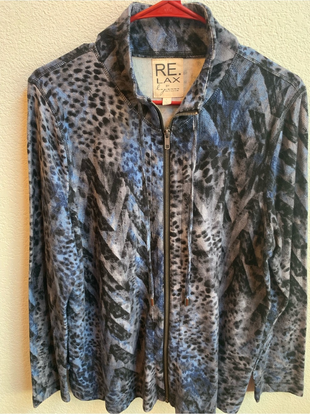 RE.LAX by Gene Blue Patterned Zip-Up Pea Coat